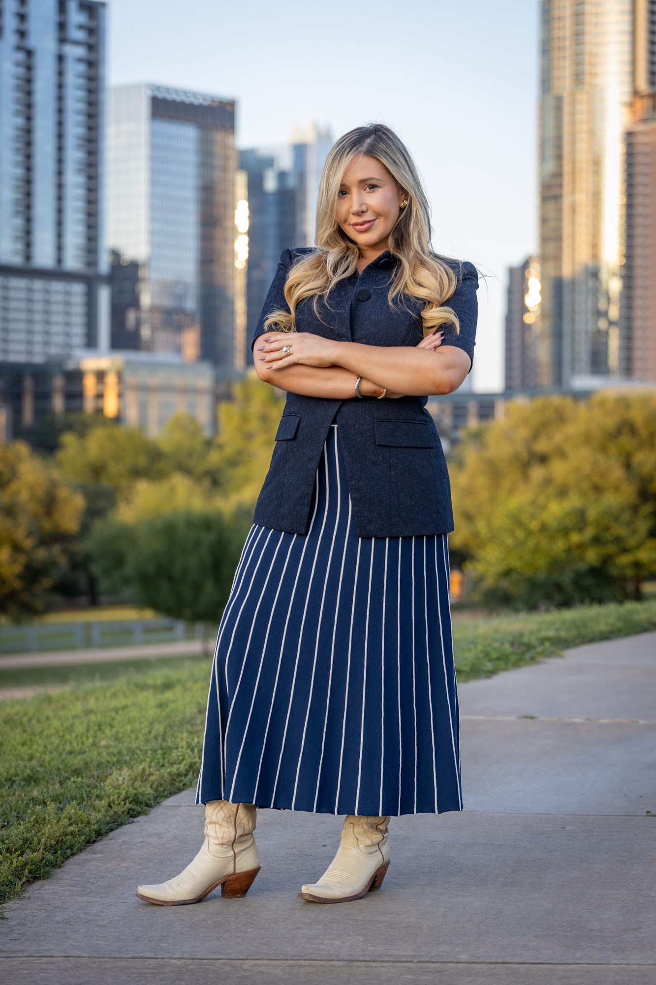 Laura Davis in Austin against the city skyline.